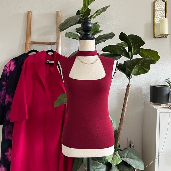 Zara Wine Burgundy Red Knit Cutout Square Neck Stretchy Top NWT - Picture 2 of 9